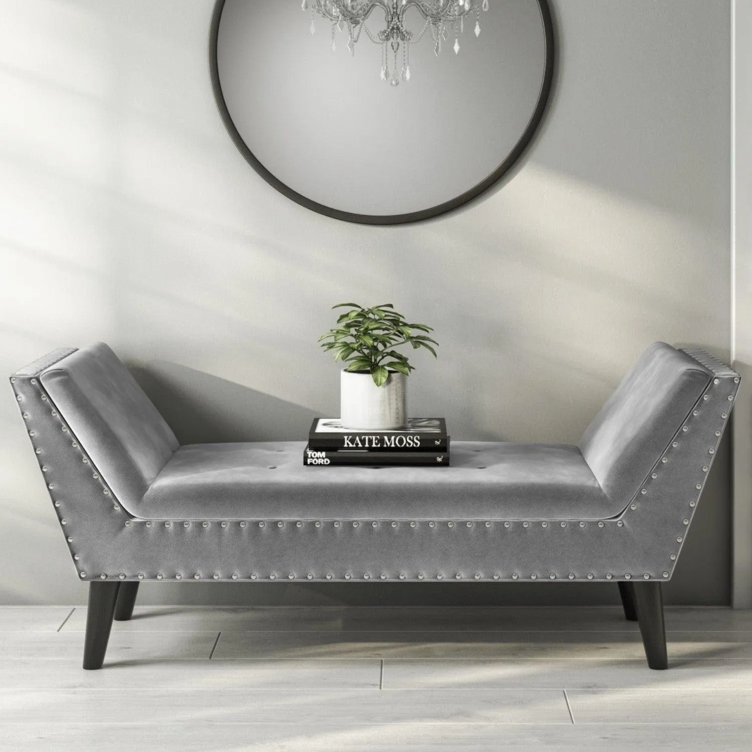 Velvet Bench Seat with Stud Detailing in Pink