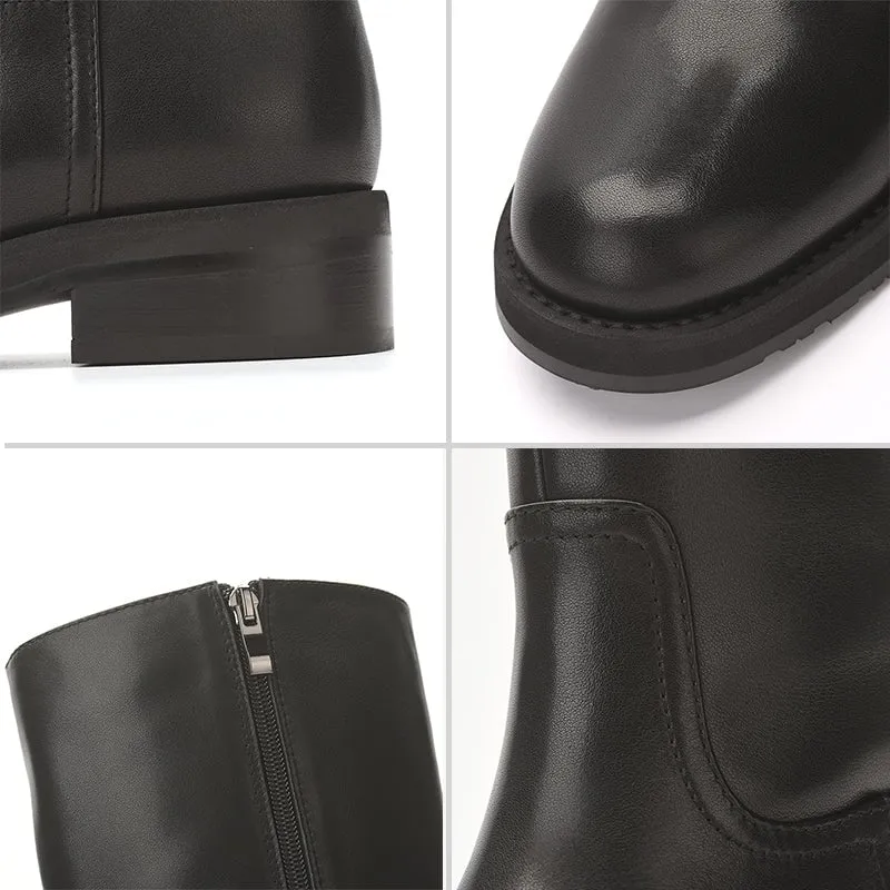 Wide Fit HandmadeLeather Knee High Boots Side Zip Riding Boots in Black Short Plush Lining