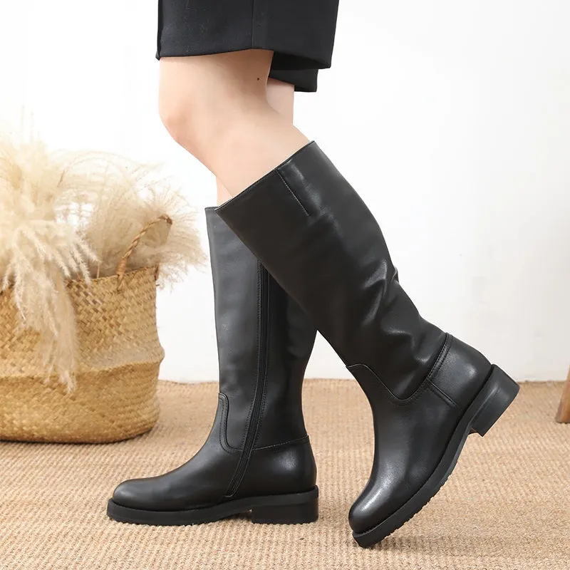 Wide Fit HandmadeLeather Knee High Boots Side Zip Riding Boots in Black Short Plush Lining