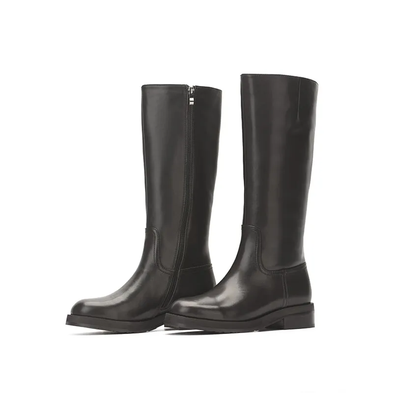 Wide Fit HandmadeLeather Knee High Boots Side Zip Riding Boots in Black Short Plush Lining