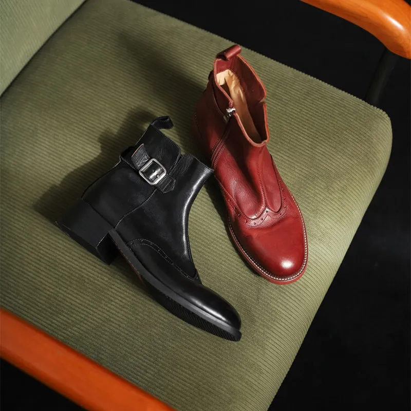 Women's 40mm Block Heel Horse Leather Chelsea Boots With Belt Buckle in Black/Wine Red