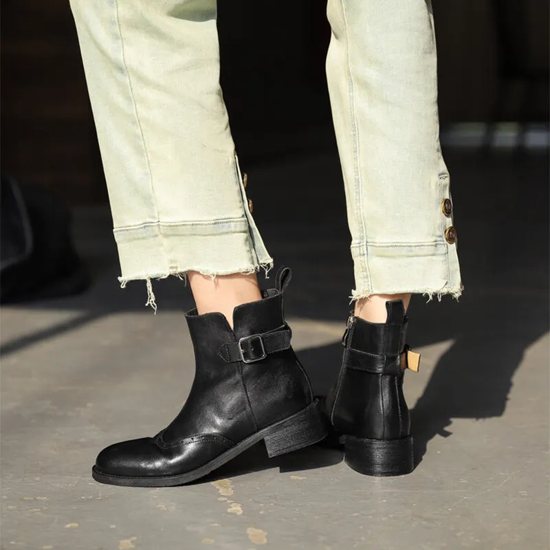 Women's 40mm Block Heel Horse Leather Chelsea Boots With Belt Buckle in Black/Wine Red