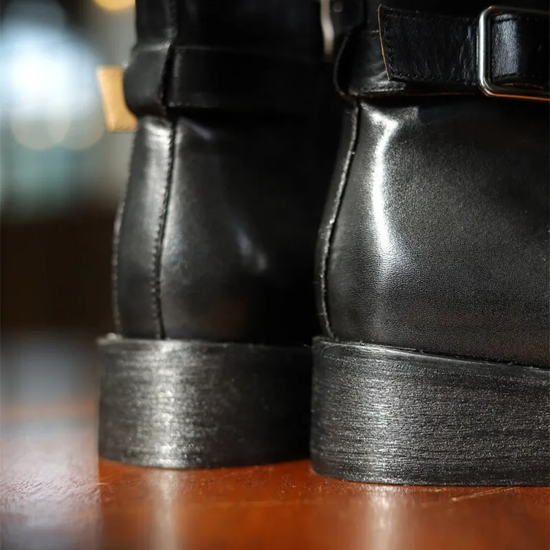Women's 40mm Block Heel Horse Leather Chelsea Boots With Belt Buckle in Black/Wine Red