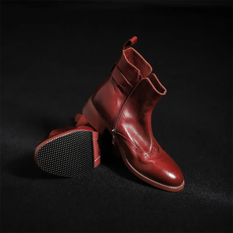 Women's 40mm Block Heel Horse Leather Chelsea Boots With Belt Buckle in Black/Wine Red