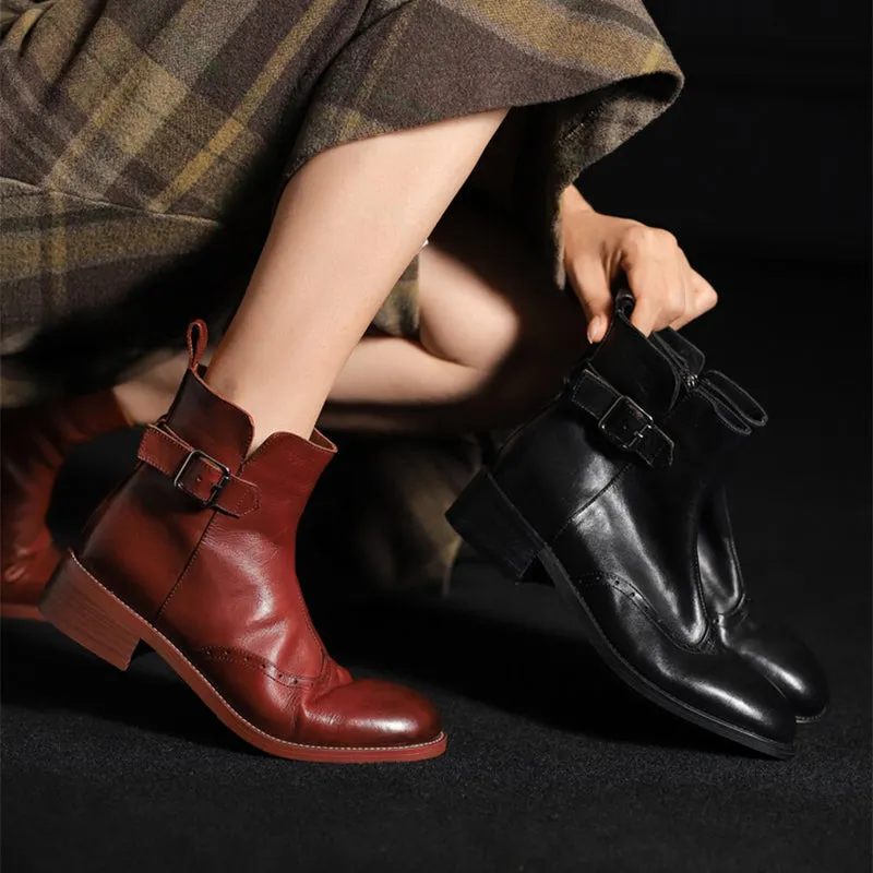 Women's 40mm Block Heel Horse Leather Chelsea Boots With Belt Buckle in Black/Wine Red