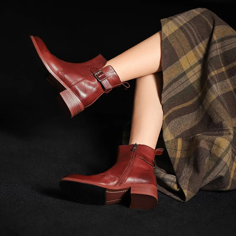 Women's 40mm Block Heel Horse Leather Chelsea Boots With Belt Buckle in Black/Wine Red