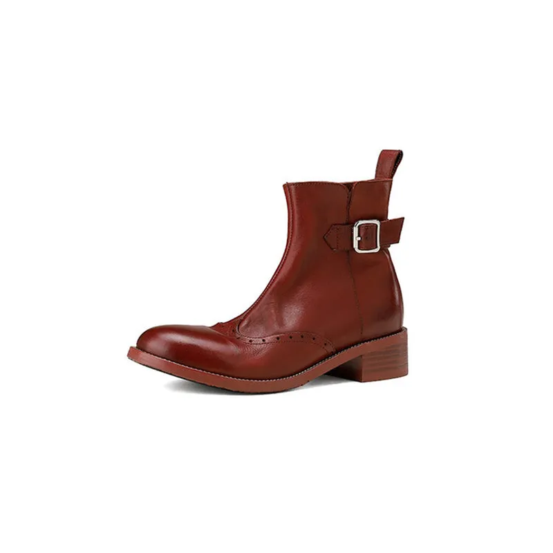 Women's 40mm Block Heel Horse Leather Chelsea Boots With Belt Buckle in Black/Wine Red