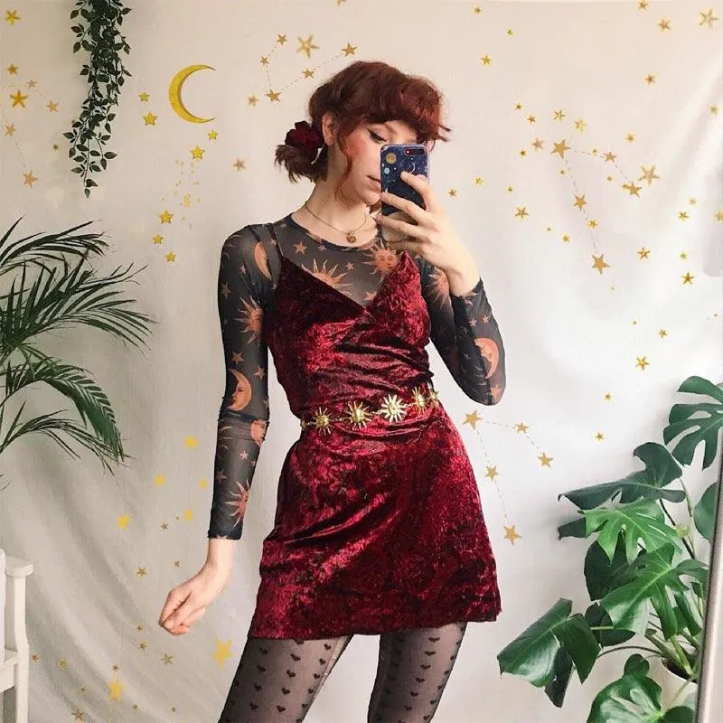 Women’s Sun and Moon Print Mesh Long Sleeve Top