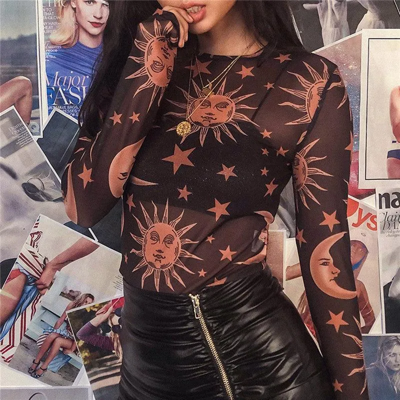Women’s Sun and Moon Print Mesh Long Sleeve Top