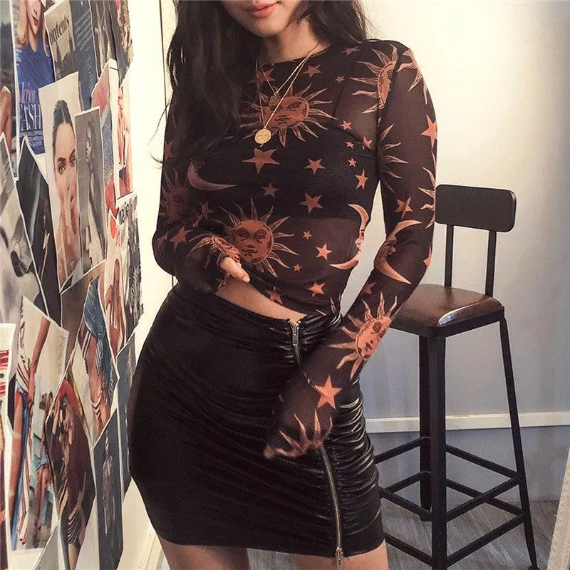 Women’s Sun and Moon Print Mesh Long Sleeve Top