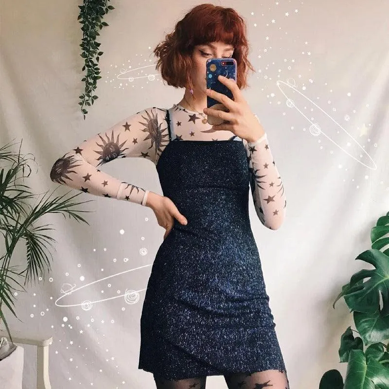 Women’s Sun and Moon Print Mesh Long Sleeve Top