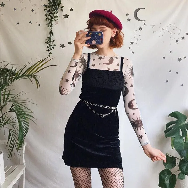 Women’s Sun and Moon Print Mesh Long Sleeve Top